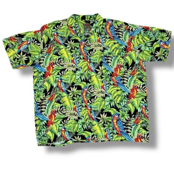 Pineapple Connection Tropical Parrots Hawaiian Camp Shirt Black Green Large - Picture 10 of 10